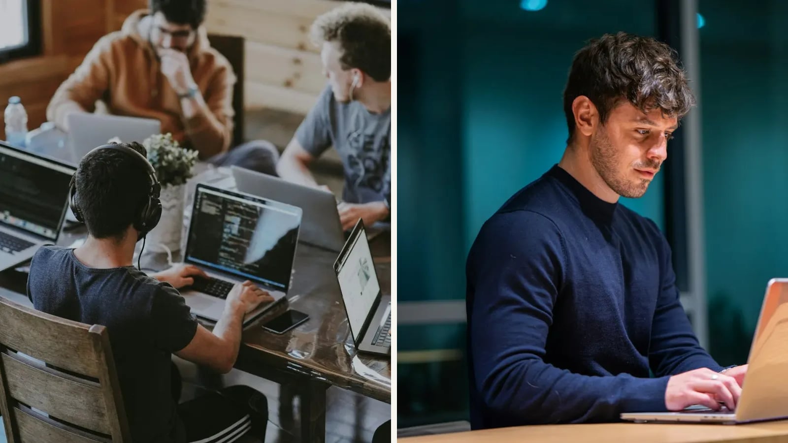 A team training together at one table, and an individual learner at a laptop